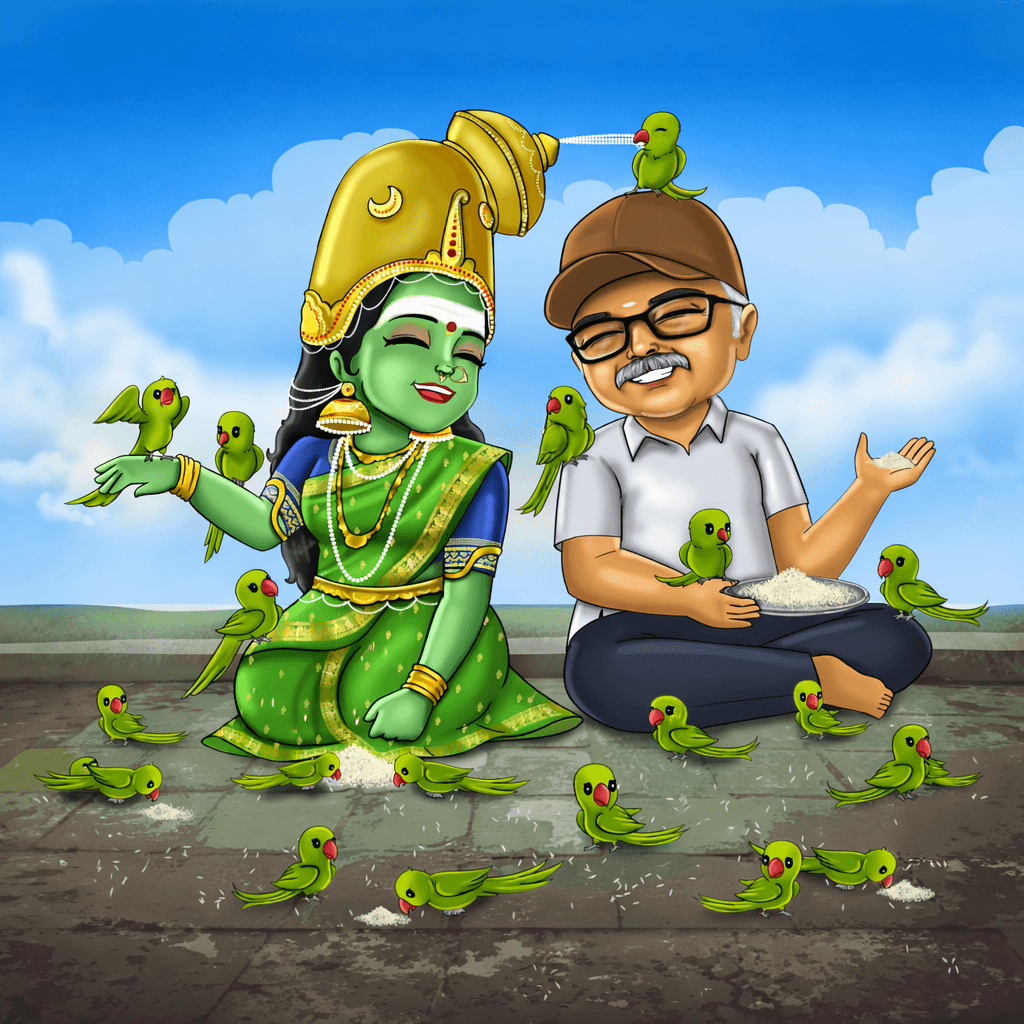 Mr. Sudarson Sah — The Birdman of Chennai, depicted with parakeets and divine inspiration